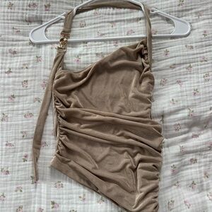 Tan One-Shoulder Ruched Top